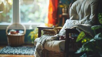 A comfortable recliner chair and a basket filled with hobbies and activities to provide a sense of purpose and enjoyment for a person with dementia photo