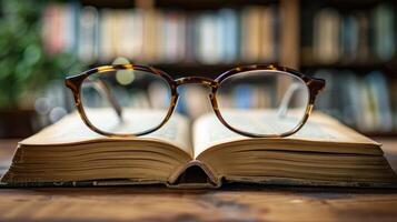 A pair of glasses lying on top of a book symbolizing the struggle of an elderly person to find the right magnification to read photo