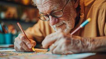 An older man enjoys the calming effects of coloring as part of his art therapy session photo