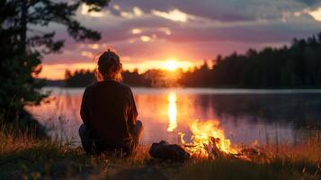 A peaceful silhouette of a person sitting in front of a campfire at sunset representing the restorative effects of nature and relationships on brain health photo