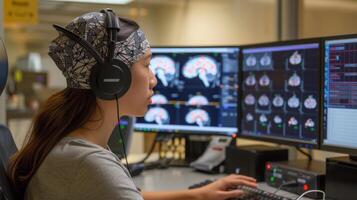 A researcher using advanced computer software to map out brain activity patterns in a clinical study on depression photo