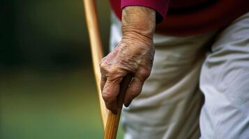 A woman using a walking stick while recovering from a stroke photo