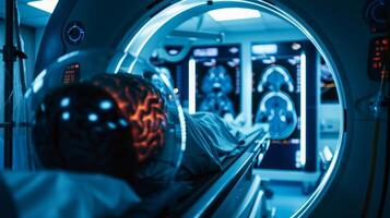 An MRI machine scanning the brain of a patient who is participating in a clinical trial for Huntingtons disease photo