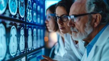 A team of researchers consulting and discussing data charts and results from their clinical trials on memory loss photo