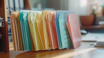 A desk with labels on different folders for bills important documents and receipts to keep track of important papers photo