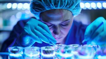 A scientist carefully labeling and organizing brain tissue samples as part of a clinical study on stroke recovery photo