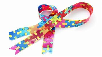 A colorful ribbon featuring puzzle pieces representing the many pieces that make up the complex brain photo