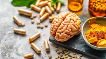 A selection of dietary supplements specifically designed to support brain health including turmeric ginseng and acetylLcarnitine photo