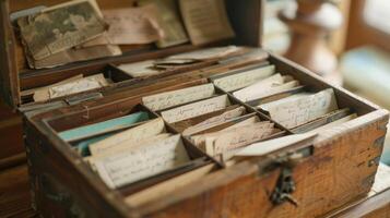 A closeup of a memory box filled with small notes and letters representing cherished friendships and loved ones photo
