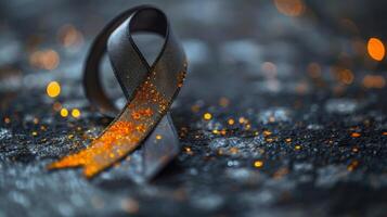 A gray ribbon with a spark of orange to symbolize hope in finding a cure for brain diseases photo