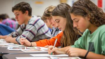 A group of students using flashcards with pictures and corresponding sounds to study for an exam photo