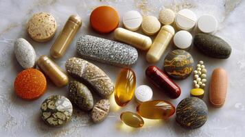 An image of various supplements and vitamins representing the integration of complementary therapies in traditional medical treatments for brain diseases photo