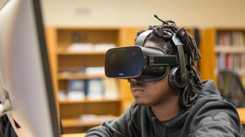A student using a virtual reality program to visualize and learn complex concepts photo