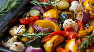 A plate of roasted vegetables packed with essential nutrients and fiber for maintaining a healthy brain and body photo