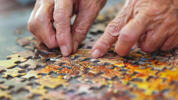 A person assembling a puzzle focusing on the intricate details and patterns photo