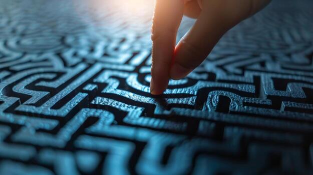 A person tracing a path on a maze using their finger to navigate through the twists and turns photo