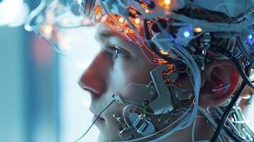 A hightech brain mapping machine with wires and electrodes attached to a subjects head photo