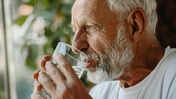 An older man taking a break from his daily activities to drink a glass of water promoting the importance of hydration for cognitive function photo