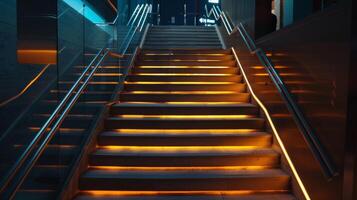 A staircase with illuminated handrails for added safety in low light conditions photo