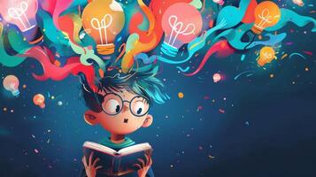 An illustration of a character using problemsolving skills in an interactive storybook promoting memory retention and critical thinking photo