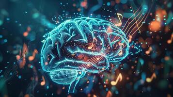 A graphic of a brain with music notes overlapping with the hippocampus symbolizing the integration of music into memory formation and recall photo