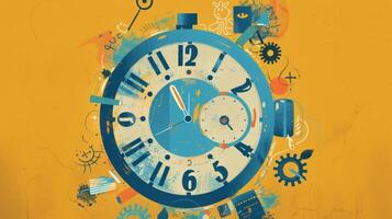 An illustration of a clock with tasks and corresponding times written around the face photo
