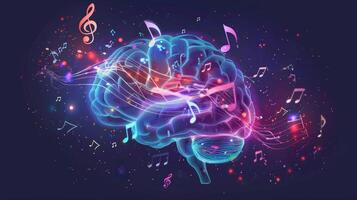 Graphic illustration of the brain with musical notes and steps intertwined highlighting the brainenhancing effects of music and movement photo