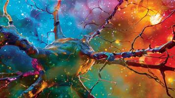 A colorful closeup of a damaged neuron with its weakened branches and decreased connections photo
