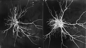 Sidebyside images of a healthy and diseased neuron with the latter exhibiting extensive damage and shrinkage photo