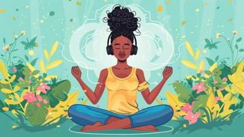 Illustration of a person doing yoga with headphones on highlighting the benefits of combining music with physical activity photo