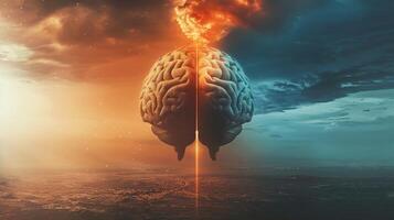 A poster with a brain split in half one side dark and cloudy while the other side is bright and clear highlighting the effects of mental health on brain health photo