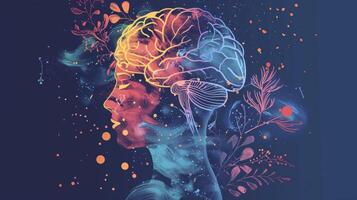 An illustration of the brain with different areas highlighted to show the beneficial effects of daily meditation on different parts of the brain photo