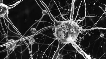 An electron microscope image capturing the tiny delicate structures of brain synapses that are affected by certain disorders photo