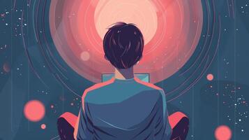 An illustration of a person meditating and using a mindfulness app to improve cognitive health photo