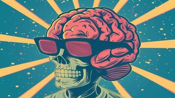A retro style poster with a brain wearing sunglasses and a caption Too cool for brain injury reminding people to protect their brain from accidents and injuries photo