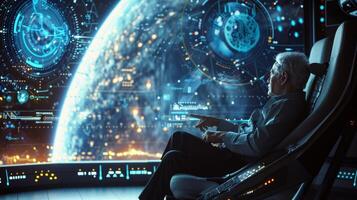A senior citizen sitting in a comfortable chair exploring a digital tour of a space station and marveling at the futuristic technology photo