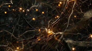 An intricate network of neurons with some brightly lit and active and others dark and inactive illustrating changes in brain activity and function photo
