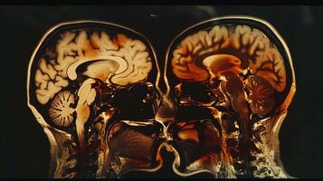 A side by side comparison of a normal and atrophied cerebellum on CT scans photo