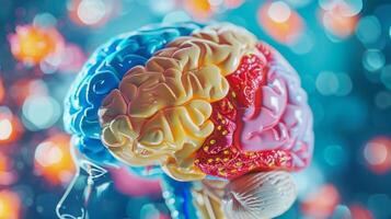Brain model with colorcoded sections representing the different types of brain cells and their functions in neural communication photo