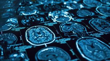 A collection of brain imaging scans such as MRIs and CT scans stored in a medical record cabinet photo