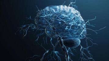Graphic representation of a brain with tangled and damaged neural pathways displaying the physical effects of cognitive decline photo