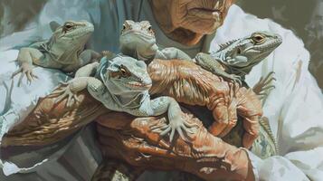 A digital illustration of an elderly person with multiple emotional support lizards crawling on their arms and shoulders photo