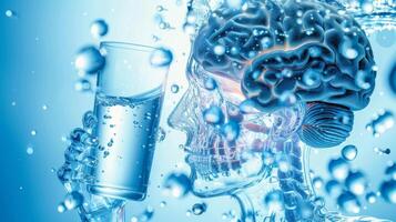 A diagram of the brain with water molecules representing the importance of hydration for brain health in the elderly photo