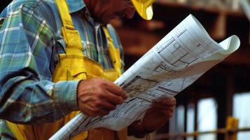 A construction worker carefully flips through pages of blueprints pausing occasionally to examine a particular detail photo