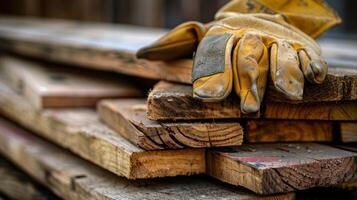 A set of durable work gloves bearing the signs of long hours of strenuous labor p on top of a stack of wooden planks photo