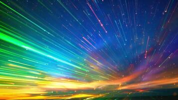 Streaks of electric greens and purples shoot across the sky creating a mesmerizing symphony of color photo
