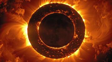 The suns corona is just ly visible around the edges of the moon during the Ring of Fire solar eclipse photo