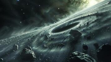A spacethemed photograph with an asteroid belt creating gravity waves that ripple through the cosmic dust photo