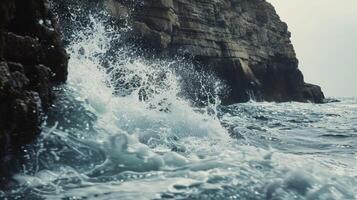 The waves break violently against the rocky cliffs as a rogue wave surges in the background photo