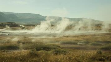 The unique smell of sulfur lingering in the air near a geothermal field photo
